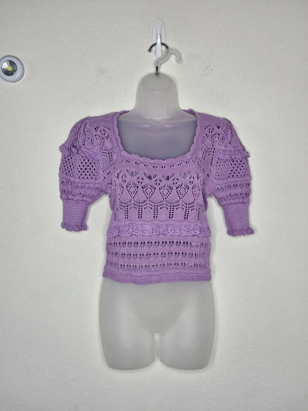 Zara Purple Boho Crochet Open Knit Puff Sleeve Eyelet Ruffle Top Size Small